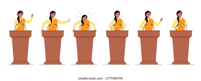 A female indian politician has a speech on the tribune. Different emotions of a political candidate. Public speaking concept. Vector character in cartoon style.