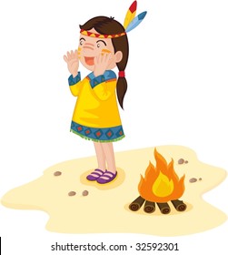 Female indian standing before a fire