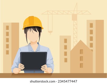Female industrial engineer wearing a safety helmet, vest works on a tablet computer