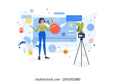 Female Influencer doing Video Marketing Illustration concept. Flat illustration isolated on white background.