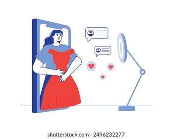 Female influencer fashion live on phone, holding a red dress reveal to the viewers. Character design. Vector flat illustration