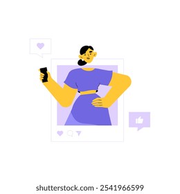 Influenciador Feminino Segurando Smartphone Com Ícones De Mídia Social Na Ilustração De Vetor Plano Simbolizando Presença On-Line, Influência E Engajamento Digital, Isolados Em Fundo Branco