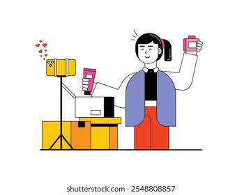 Female influencer reviewing beauty skincare products, for followers on social media. Character design. Vector flat illustration