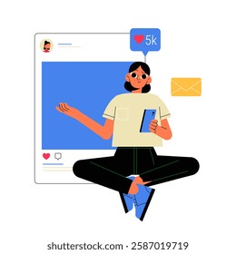 Female Influencer With Smartphone In Flat Vector Illustration Symbolizing Social Media Engagement, Digital Influence, And Online Communication, Isolated On White Background.