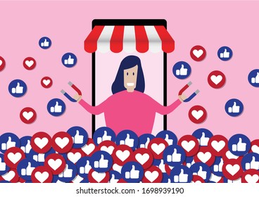 Female Influencer Using Social Media to Attract Blog Viewers For Like and Share For Online Social Media Marketing Concept