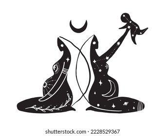 Female initiation, female sacred symbol, mystical boho tattoo of pregnancy and motherhood, mother with a child, mom is waiting for a baby, the sacred meaning of femininity. Vector illustration isolate