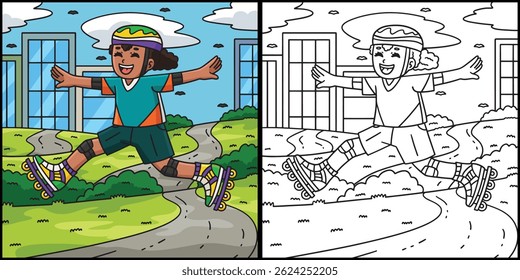 Female Inline Skater Jumping Coloring Illustration