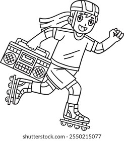 Female Inline Skater with Radio Isolated Coloring 