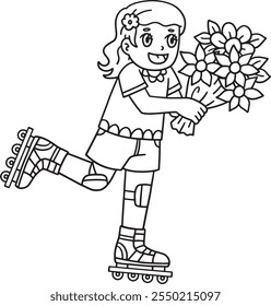 Patines en línea femeninos con ramo de flores aislado 