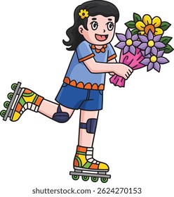 Female Inline Skates with Flower Bouquet Clipart 