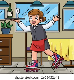 Female Inline Skates Waiter Colored Cartoon 
