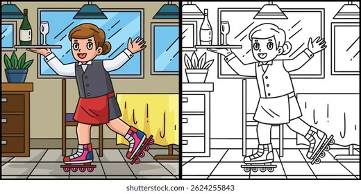 Female Inline Skates Waiter Coloring Illustration 