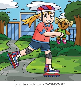 Female Inline Skating with Doll Colored Cartoon 