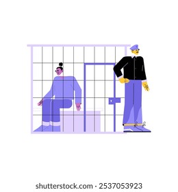 Female Inmate and Male Guard in Jail Cell in Flat Vector Illustration Symbolizing Law Enforcement, Security, and Justice, Isolated on White Background