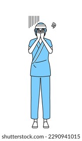 Female inpatient wearing hospital gown and bandage on head covering her face in depression, Vector Illustration