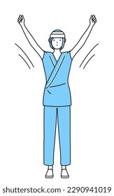Female inpatient wearing hospital gown and bandage on head doing radio calisthenics, preparation for accident prevention, Vector Illustration