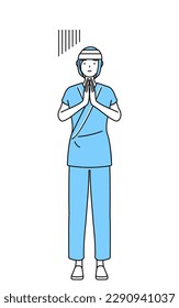 Female inpatient wearing hospital gown and bandage on head apologizing with her hands in front of her body, Vector Illustration