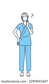 Female inpatient wearing hospital gown and bandage on head nodding her head in question, Vector Illustration