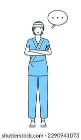 Female inpatient wearing hospital gown and bandage on head with crossed arms, deep in thought, Vector Illustration