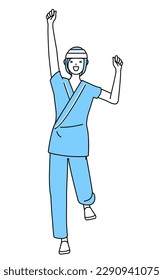 Female inpatient wearing hospital gown and bandage on head smiling and jumping, Vector Illustration