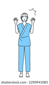 Female inpatient wearing hospital gown and bandage on head raising her hand in surprise, Vector Illustration