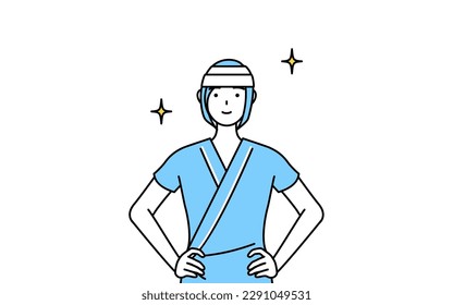 Female inpatient wearing hospital gown and bandage on head with her hands on her hips, Vector Illustration