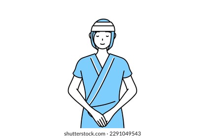 Female inpatient wearing hospital gown and bandage on head bowing with folded hands, Vector Illustration
