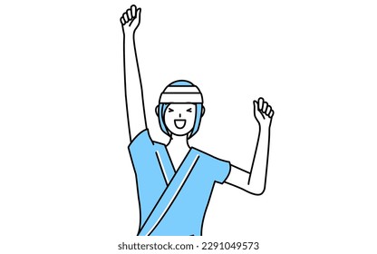 Female inpatient wearing hospital gown and bandage on head smiling and jumping, Vector Illustration