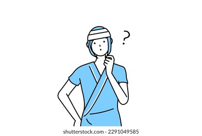 Female inpatient wearing hospital gown and bandage on head nodding her head in question, Vector Illustration