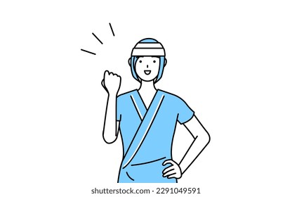 Female inpatient wearing hospital gown and bandage on head posing with guts, Vector Illustration