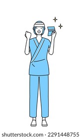 Female inpatient wearing hospital gown and bandage on head who is pleased to see a bankbook, Vector Illustration