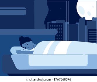 Female insomnia. Woman in bed, girl at night cant sleep. Mental problems, psychology disorder vector illustration