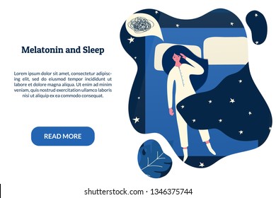 Female insomniac lying in bed at night. Tired woman suffer from sleeping disorder, insomnia, nightmare, sleeplessness. Sleepy character trying to fall asleep. Melatonin and sleep banner template.