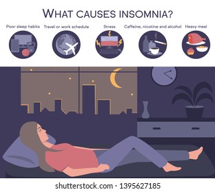 Female insomniac lying in bed at night. Tired woman suffer from sleeping disorder, insomnia, nightmare, sleeplessness. Sleepy character trying to fall asleep. What causes insomnia banner.