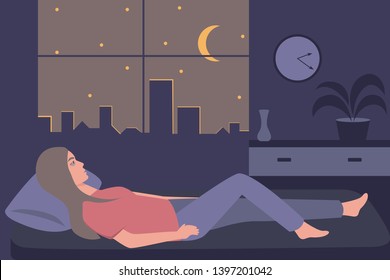 Female insomniac lying in bed at night. Tired woman suffer from sleeping disorder, insomnia, nightmare, sleeplessness. Sleepy character trying to fall asleep. 