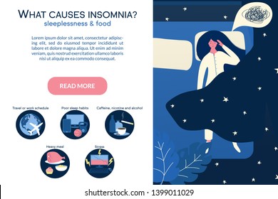 Female insomniac lying in bed at night. Tired woman suffer from sleeping disorder, insomnia, nightmare, sleeplessness. Sleepy character trying to fall asleep. What causes insomnia banner. 