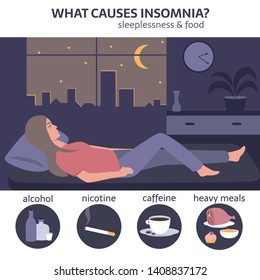 Female insomniac lying in bed at night. Tired woman suffer from sleeping disorder, insomnia, nightmare, sleeplessness. Sleepy character trying to fall asleep. What causes insomnia banner. 
