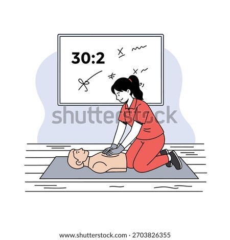 Female instructor demonstrating CPR chest compressions on a training manikin during a first aid class.