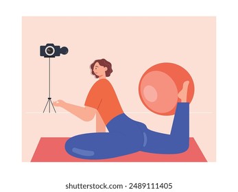 Female instructor doing yoga and recording for video viewers, sports influencer. Character design. Vector flat illustration