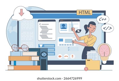 Female instructor explaining HTML and C plus plus coding concepts on a large digital screen, surrounded by books, brain icon, cloud and folders. Vector illustration