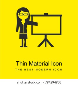 Female instructor giving a lecture standing at the side of a screen bright yellow material minimal icon or logo design
