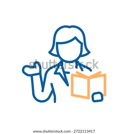 Female instructor holding open book and gesturing while teaching students in classroom, education and academic study concept. Thin line icon editable stroke