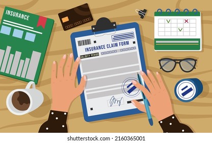 Female insurance agent fills out an insurance claim form. View of the desktop workspace from above. Magazine, calendar, glasses, printing, credit card, papers, cup of coffee. Vector illustration