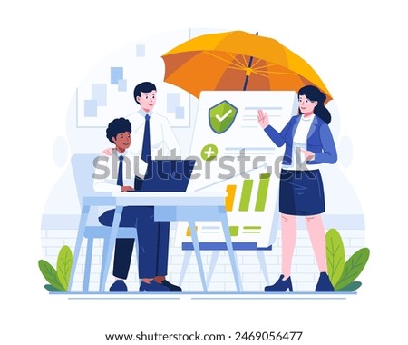 A Female Insurance Agent Giving a Presentation About Insurance to Two Male Office Workers. Health and Work Insurance Illustration Concept