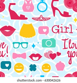 Female interests are symbols. Seamless pattern background. Colored Vector illustration.