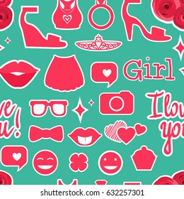 Female interests are symbols. Seamless pattern background. Colored Vector illustration.