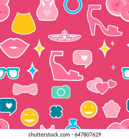 Female interests are symbols. Seamless pattern background. Colored Vector illustration.