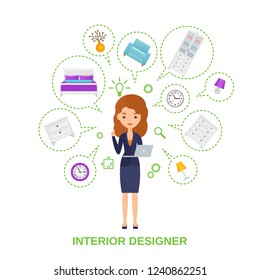 Female interior designer with furniture around in speech bubbles. Vector. Standing women character. Interior decoration concept. Cartoon flat illustration Girl holding laptop in dress on white isolate