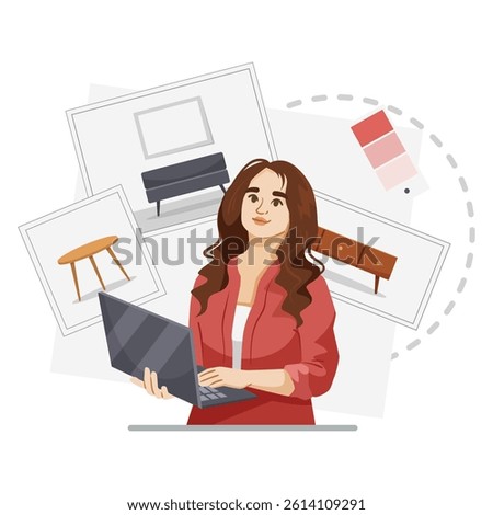 Female interior designer using laptop with furniture sketches and color samples on white background. Concept of home decor planning. Vector illustration