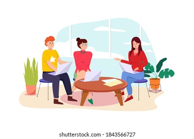The female intern is giving a presentation about her business project. Can use for web banner, infographics, hero images. Flat illustration isolated on white background.